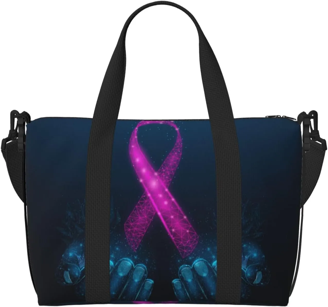 Two Human Hands are Holds Pink Ribbon Awareness Travel Bag for Women Men Weekender Bags Carry on Overnight Bag Tote Bag Yoga Gym Bag for Gym, Work, Travel, Weekend, Personal Items