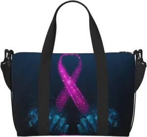 Two Human Hands are Holds Pink Ribbon Awareness Travel Bag for Women Men Weekender Bags Carry on Overnight Bag Tote Bag Yoga Gym Bag for Gym, Work, Travel, Weekend, Personal Items
