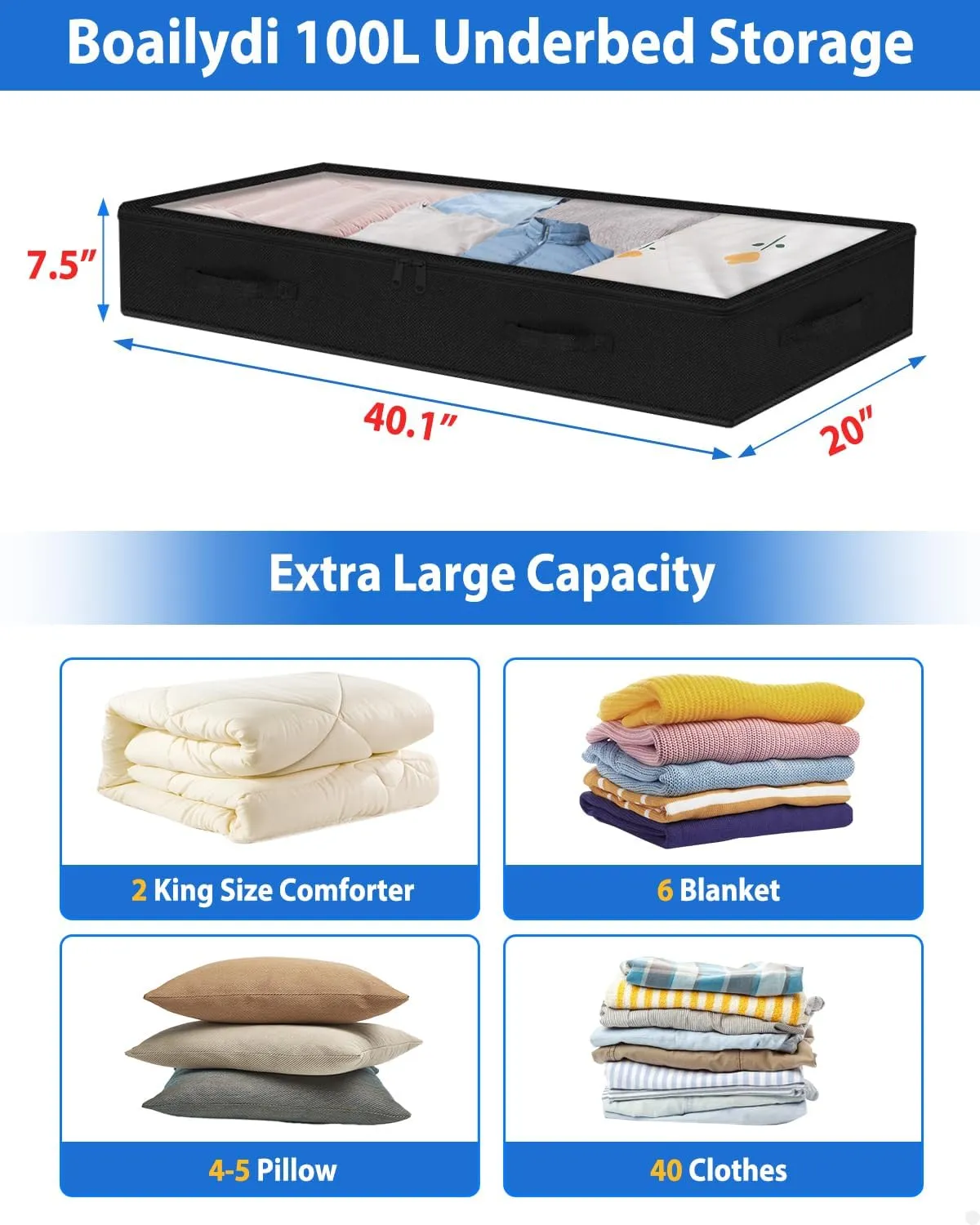 Under Bed Storage Containers Large 40" X 20" X 7.5" (No Support) Fabric Zipper Underbed Storage Bags, 100L Long Flat Foldable Storage Bins W/ Clear Lids For Clothes Blanket College Dorm, Black 4Pack
