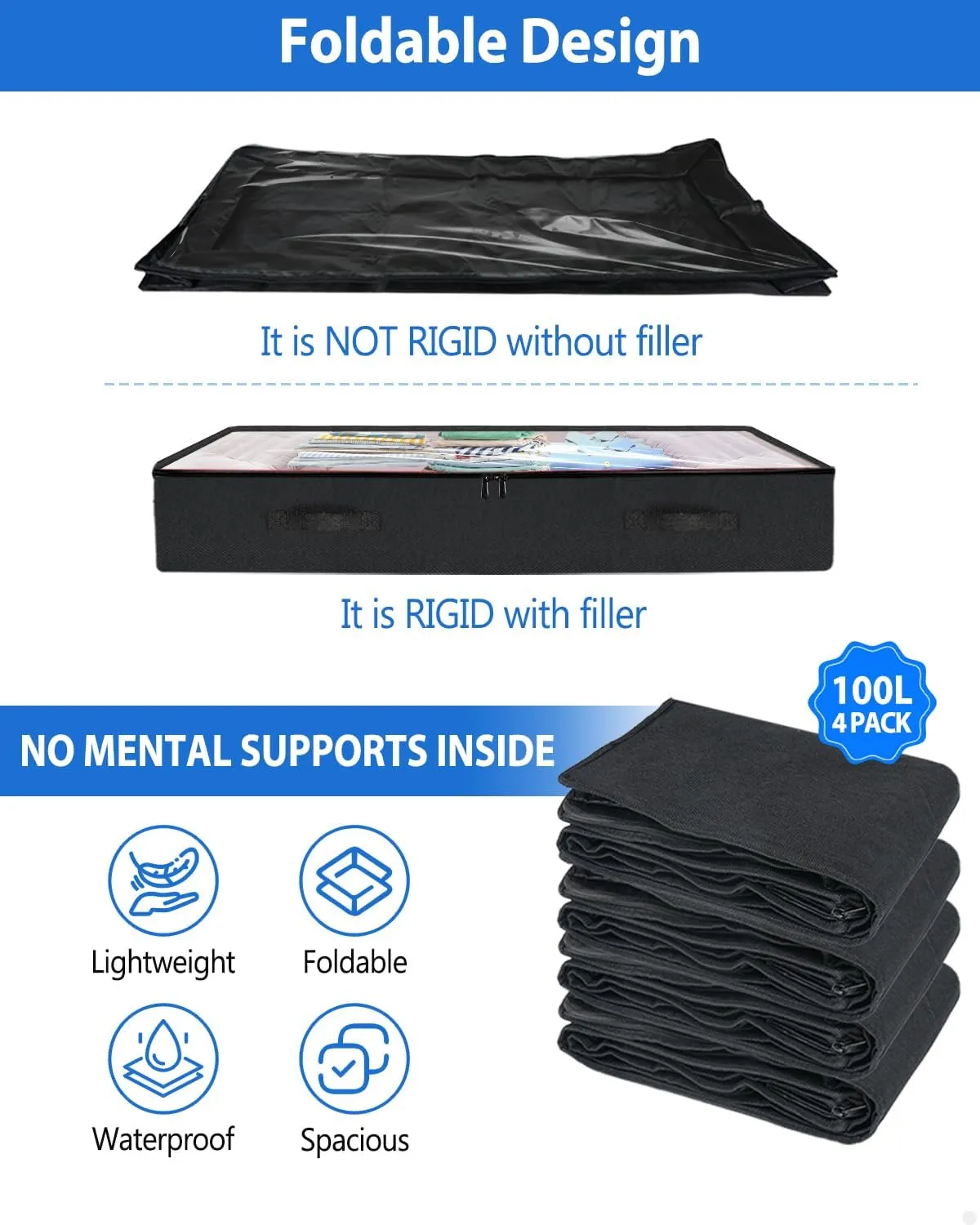 Under Bed Storage Containers Large 40" X 20" X 7.5" (No Support) Fabric Zipper Underbed Storage Bags, 100L Long Flat Foldable Storage Bins W/ Clear Lids For Clothes Blanket College Dorm, Black 4Pack