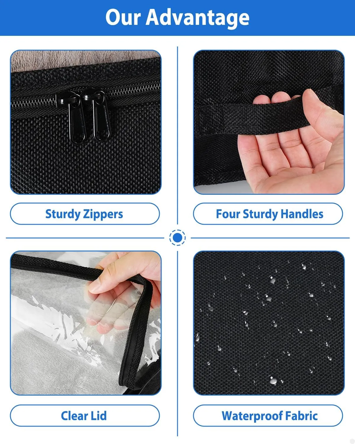 Under Bed Storage Containers Large 40" X 20" X 7.5" (No Support) Fabric Zipper Underbed Storage Bags, 100L Long Flat Foldable Storage Bins W/ Clear Lids For Clothes Blanket College Dorm, Black 4Pack