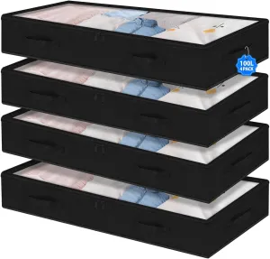 Under Bed Storage Containers Large 40" X 20" X 7.5" (No Support) Fabric Zipper Underbed Storage Bags, 100L Long Flat Foldable Storage Bins W/ Clear Lids For Clothes Blanket College Dorm, Black 4Pack