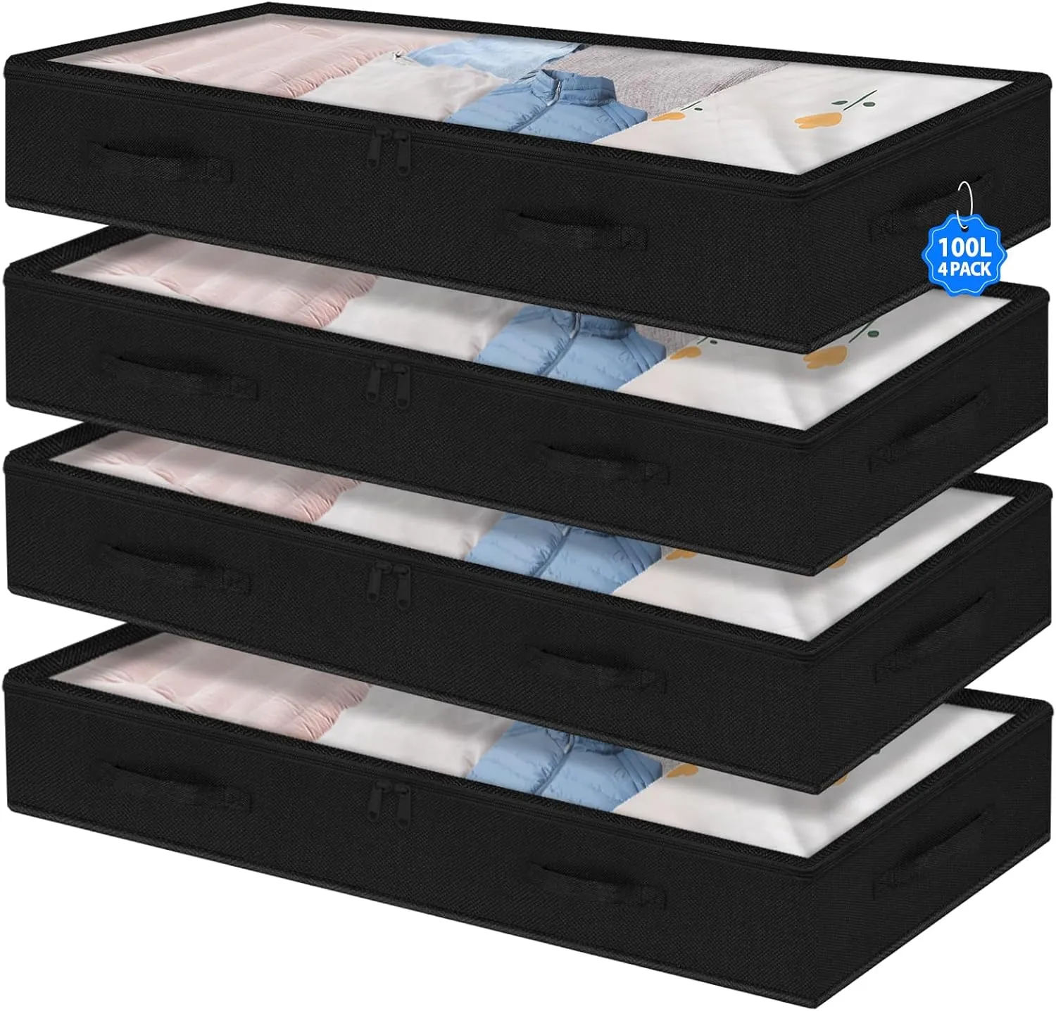 Under Bed Storage Containers Large 40" X 20" X 7.5" (No Support) Fabric Zipper Underbed Storage Bags, 100L Long Flat Foldable Storage Bins W/ Clear Lids For Clothes Blanket College Dorm, Black 4Pack
