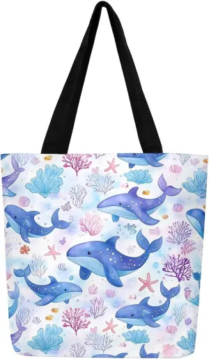 Underwater Sealife Canvas Tote Bag,Ocean Animal Theme Shoulder Handbags for Shopping Gym 19.7x15.7 Inch