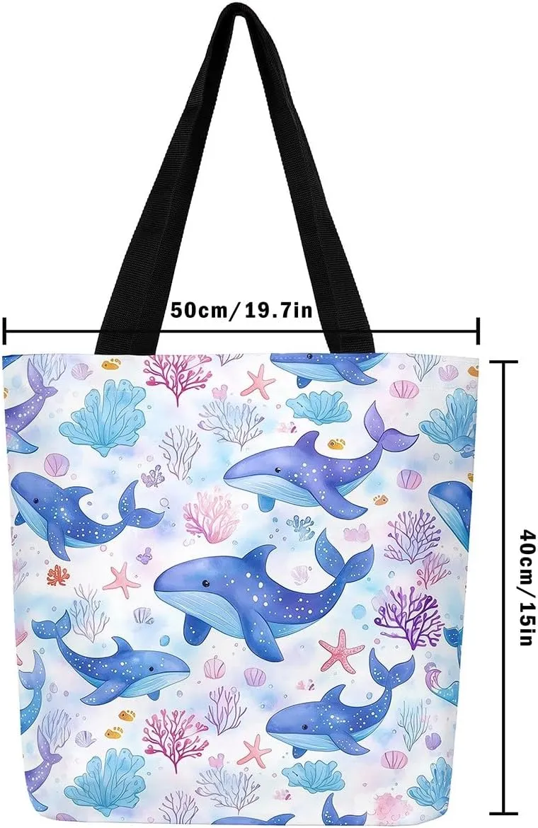 Underwater Sealife Canvas Tote Bag,Ocean Animal Theme Shoulder Handbags for Shopping Gym 19.7x15.7 Inch