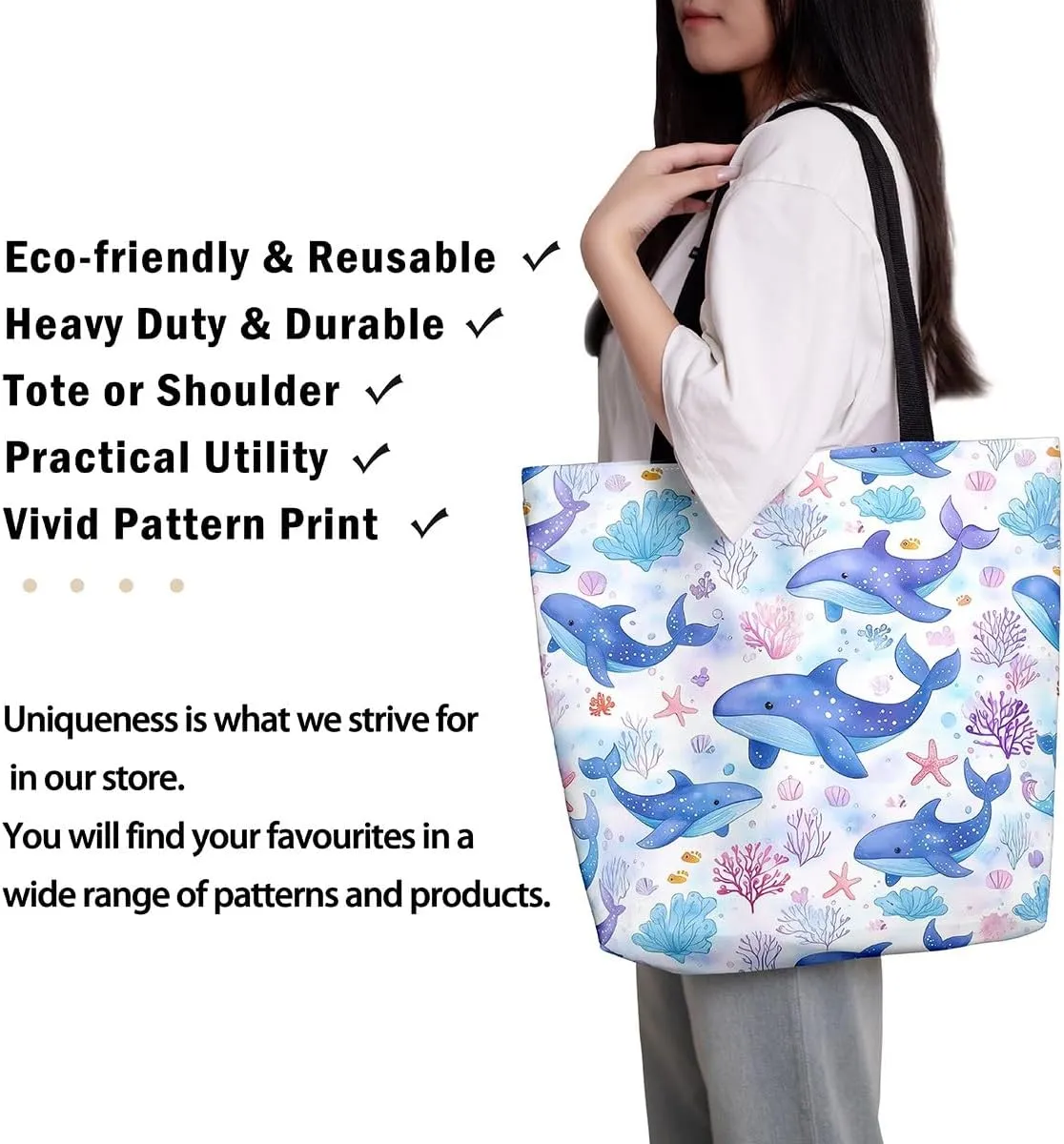 Underwater Sealife Canvas Tote Bag,Ocean Animal Theme Shoulder Handbags for Shopping Gym 19.7x15.7 Inch