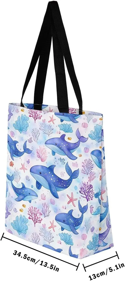 Underwater Sealife Canvas Tote Bag,Ocean Animal Theme Shoulder Handbags for Shopping Gym 19.7x15.7 Inch