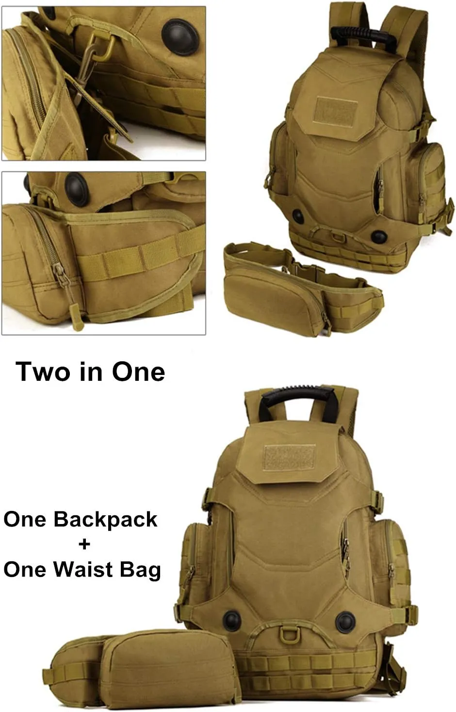 UNISTRENGH 40-litre Multi-Functional Tactical Backpacks Outdoor Trekking Pack Duffle Bag Urban Backpacks with Cycling Fanny Waist Bag (Desert Camouflage)