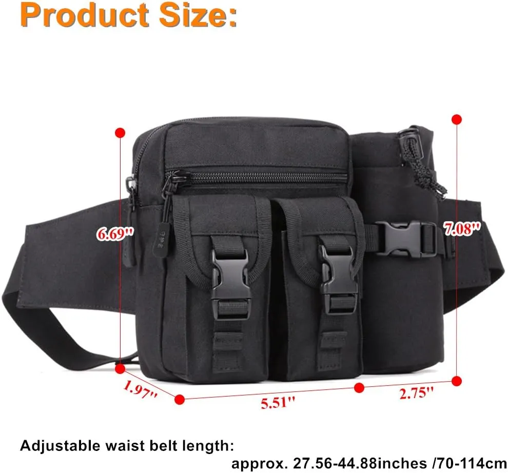 Unistrengh Tactical Fanny Packs Pouch With Water Bottle Pocket Holder Waterproof Molle Waist Pack Hip Belt Bag (Black)