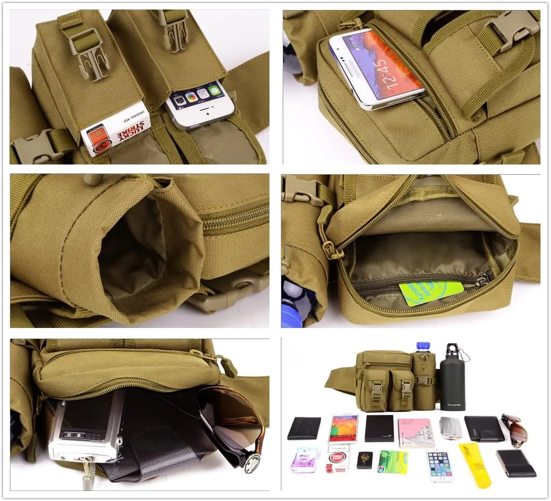 Unistrengh Tactical Fanny Packs Pouch With Water Bottle Pocket Holder Waterproof Molle Waist Pack Hip Belt Bag (Black)