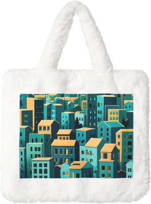 Urban Melodies Printed Plush Handbag, White Soft Faux Rabbit Fur Shoulder Bag for Women, Suitable for Autumn and Winter