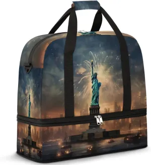 Usa New York Statue Liberty Travel Duffel Bag with Foldable Shoe Compartment Shoulder Tote Travel Weekend Bag Sports Gym Overnight Bags