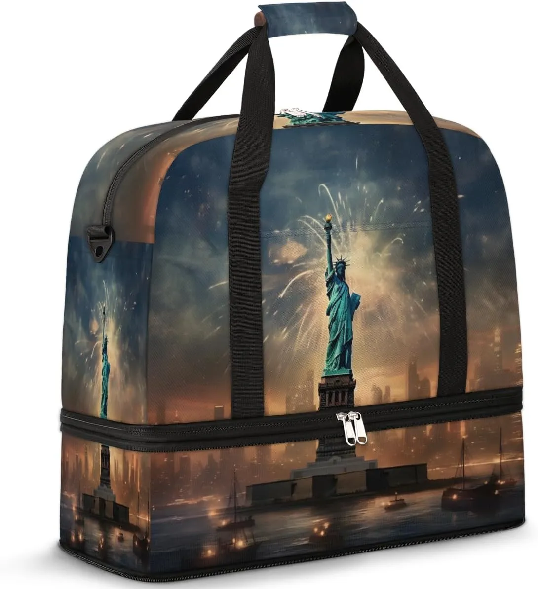 Usa New York Statue Liberty Travel Duffel Bag with Foldable Shoe Compartment Shoulder Tote Travel Weekend Bag Sports Gym Overnight Bags