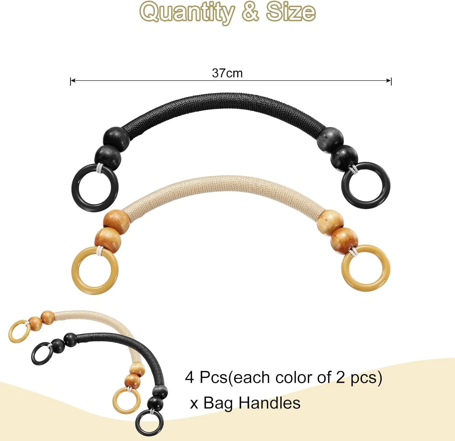 uxcell 4Pcs Wooden Bead Nylon Purse Handle, Purse Handle Replacement for DIY Handmade Woven Bag Crochet Handbag Purse Making Supplies, Apricot/Black