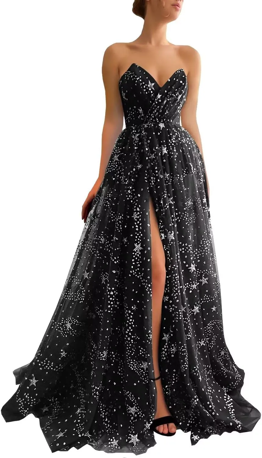 UZN Women's Sparkle Starry Tulle Prom Dresses Strapless Long Formal Evening Party Gowns with Slit