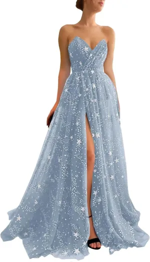UZN Women's Sparkle Starry Tulle Prom Dresses Strapless Long Formal Evening Party Gowns with Slit