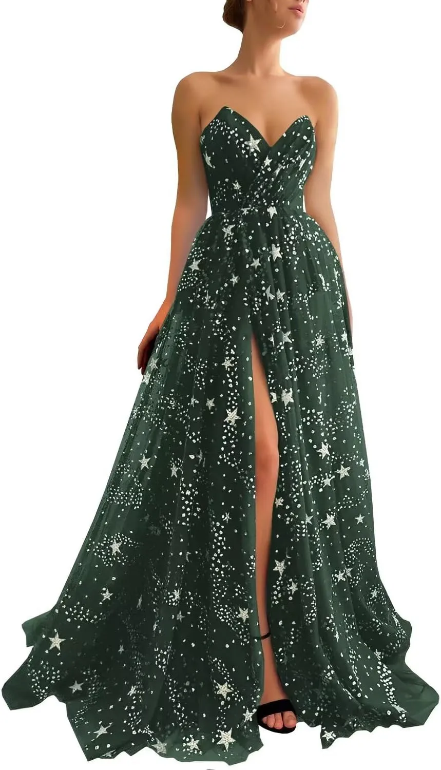 UZN Women's Sparkle Starry Tulle Prom Dresses Strapless Long Formal Evening Party Gowns with Slit