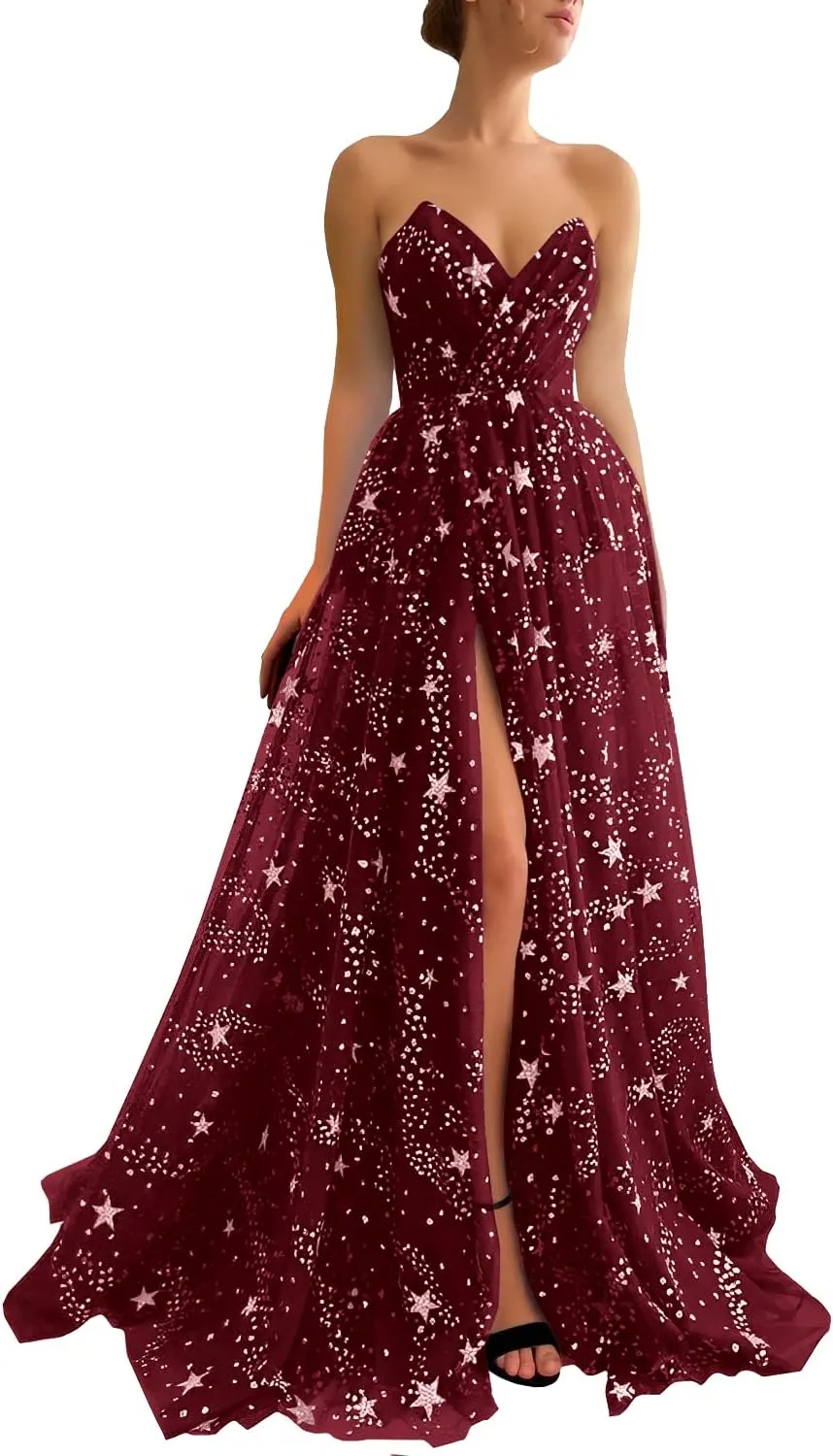 UZN Women's Sparkle Starry Tulle Prom Dresses Strapless Long Formal Evening Party Gowns with Slit