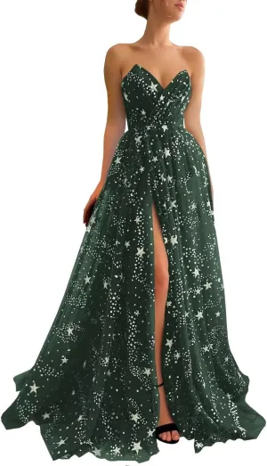 UZN Women's Sparkle Starry Tulle Prom Dresses Strapless Long Formal Evening Party Gowns with Slit