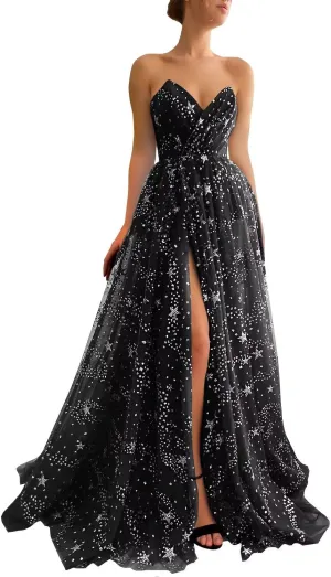 UZN Women's Sparkle Starry Tulle Prom Dresses Strapless Long Formal Evening Party Gowns with Slit