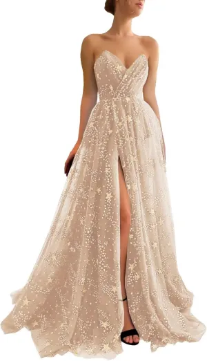 UZN Women's Sparkle Starry Tulle Prom Dresses Strapless Long Formal Evening Party Gowns with Slit