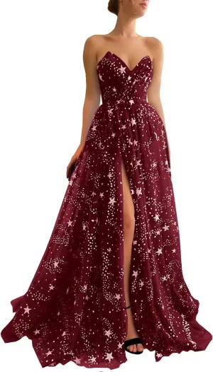 UZN Women's Sparkle Starry Tulle Prom Dresses Strapless Long Formal Evening Party Gowns with Slit