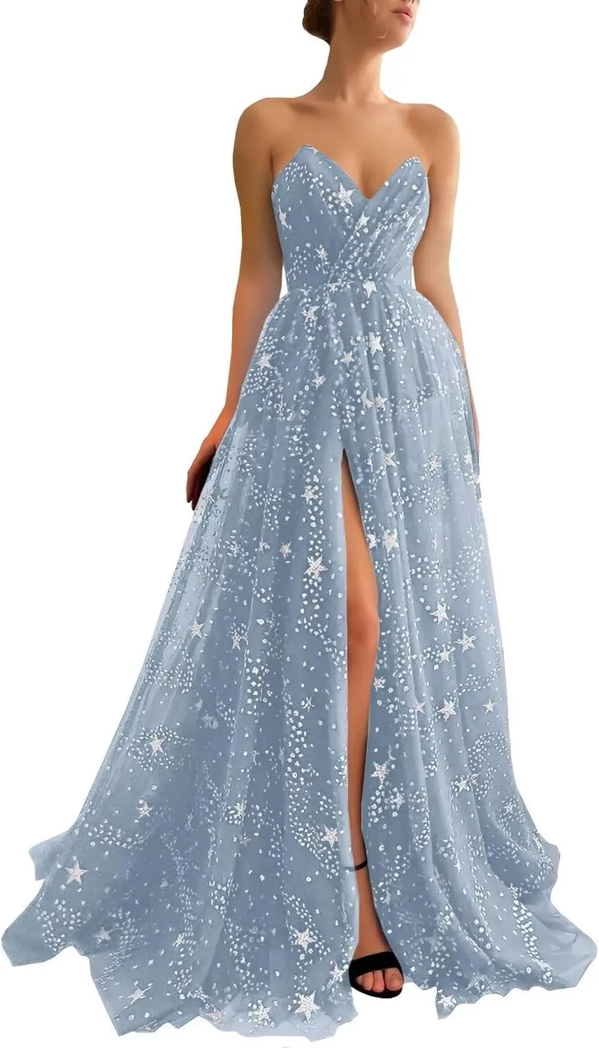 UZN Women's Sparkle Starry Tulle Prom Dresses Strapless Long Formal Evening Party Gowns with Slit