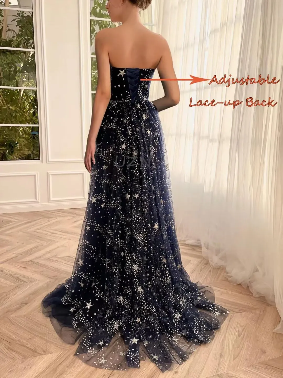 UZN Women's Sparkle Starry Tulle Prom Dresses Strapless Long Formal Evening Party Gowns with Slit