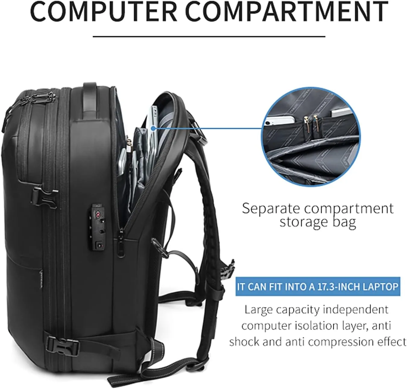 Vacpack Backpack Travel Computer Hiking Business Waterproof Anti Theft Grey Leather Large without Vacuum Compression Pump Backpacks for Men Carry on Backpack for Airplanes, 02- Black
