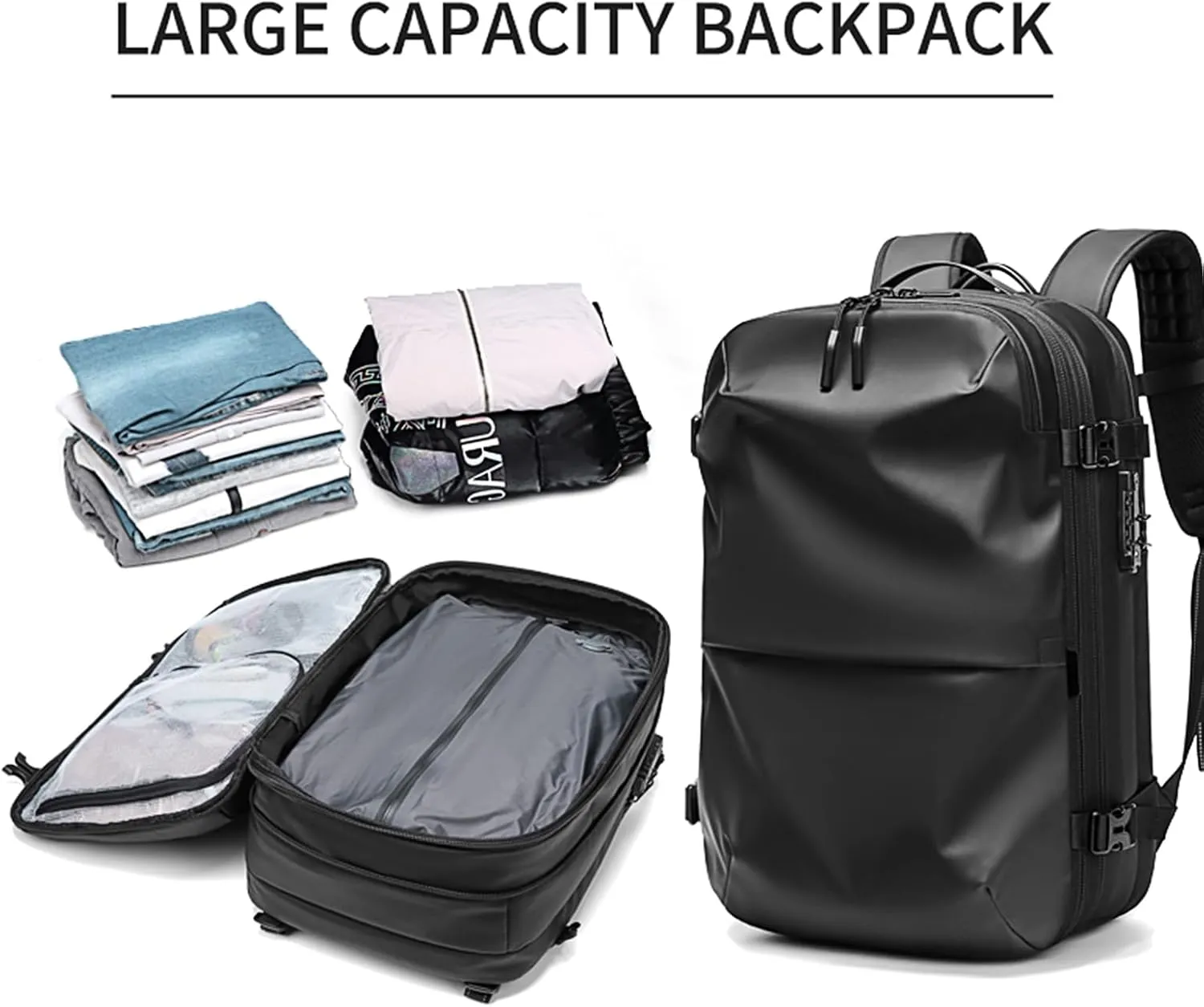 Vacpack Backpack Travel Computer Hiking Business Waterproof Anti Theft Grey Leather Large without Vacuum Compression Pump Backpacks for Men Carry on Backpack for Airplanes, 02- Black