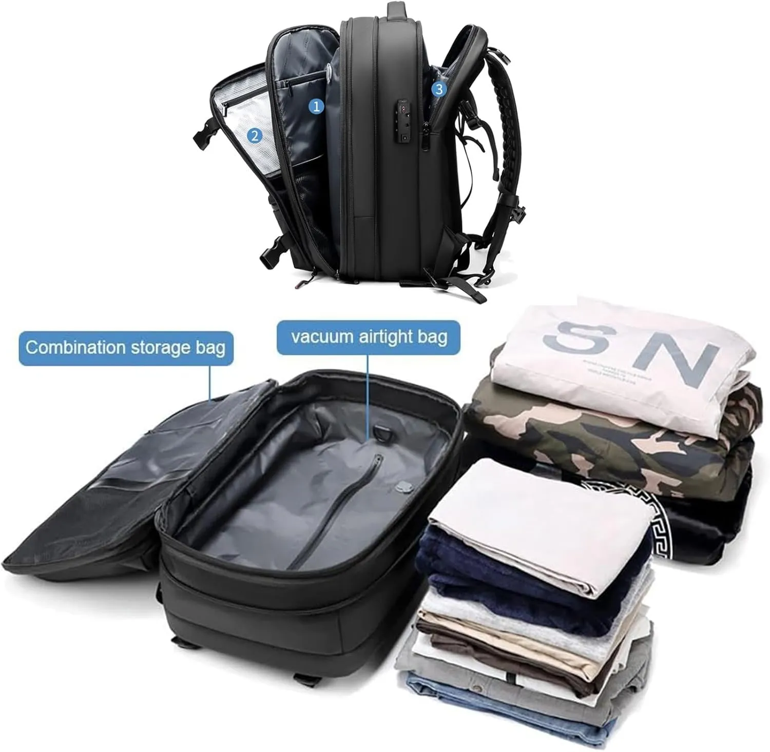 Vacpack Backpack, vacuum backpack, 60L Vacuum Compress Pack Expandable Backpack, Waterproof And Anti-Theft Travel(Black,With vacuum pump)