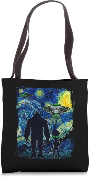Van Gogh Starry Night Bigfoot UFO Alien Aesthetic Women Mens Tote Bag