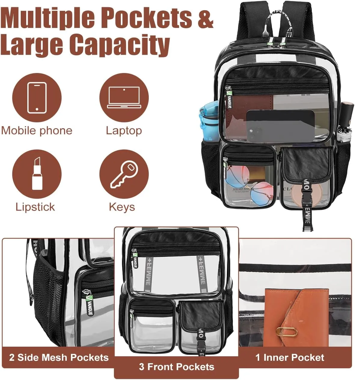 Vangue Clear Backpack Stadium Approved Heavy Duty Clear Bookbag with Padded Straps for Sport Events