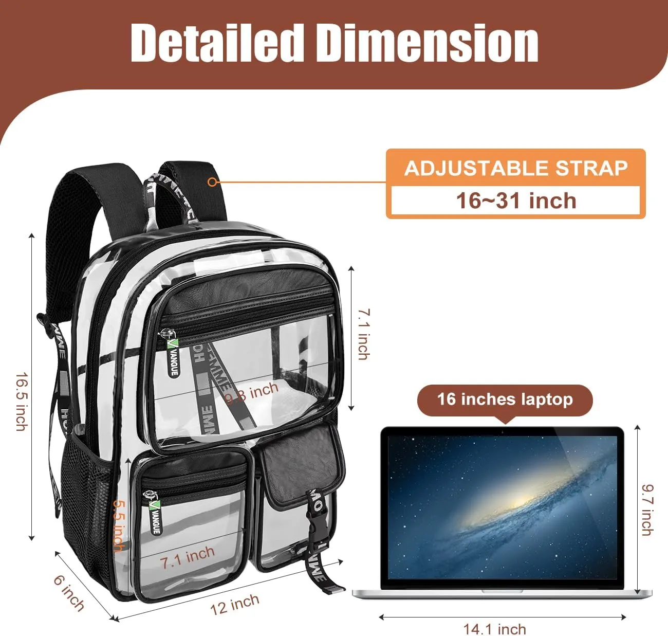 Vangue Clear Backpack Stadium Approved Heavy Duty Clear Bookbag with Padded Straps for Sport Events