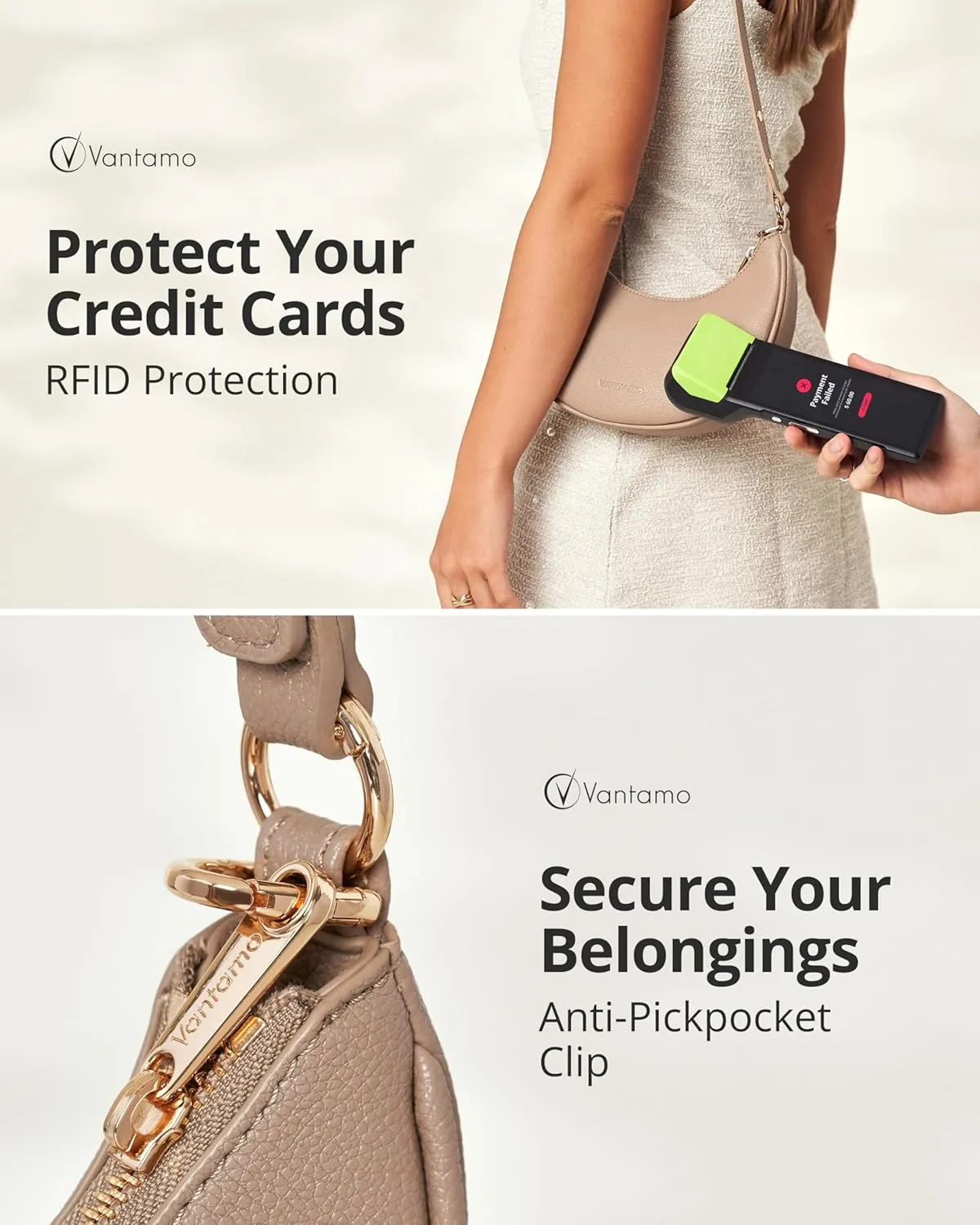 Vantamo Crescent Bags For Women with RFID Protection, Half Moon Clutch Purses for Women with Anti-Theft Clip for Extra Safety