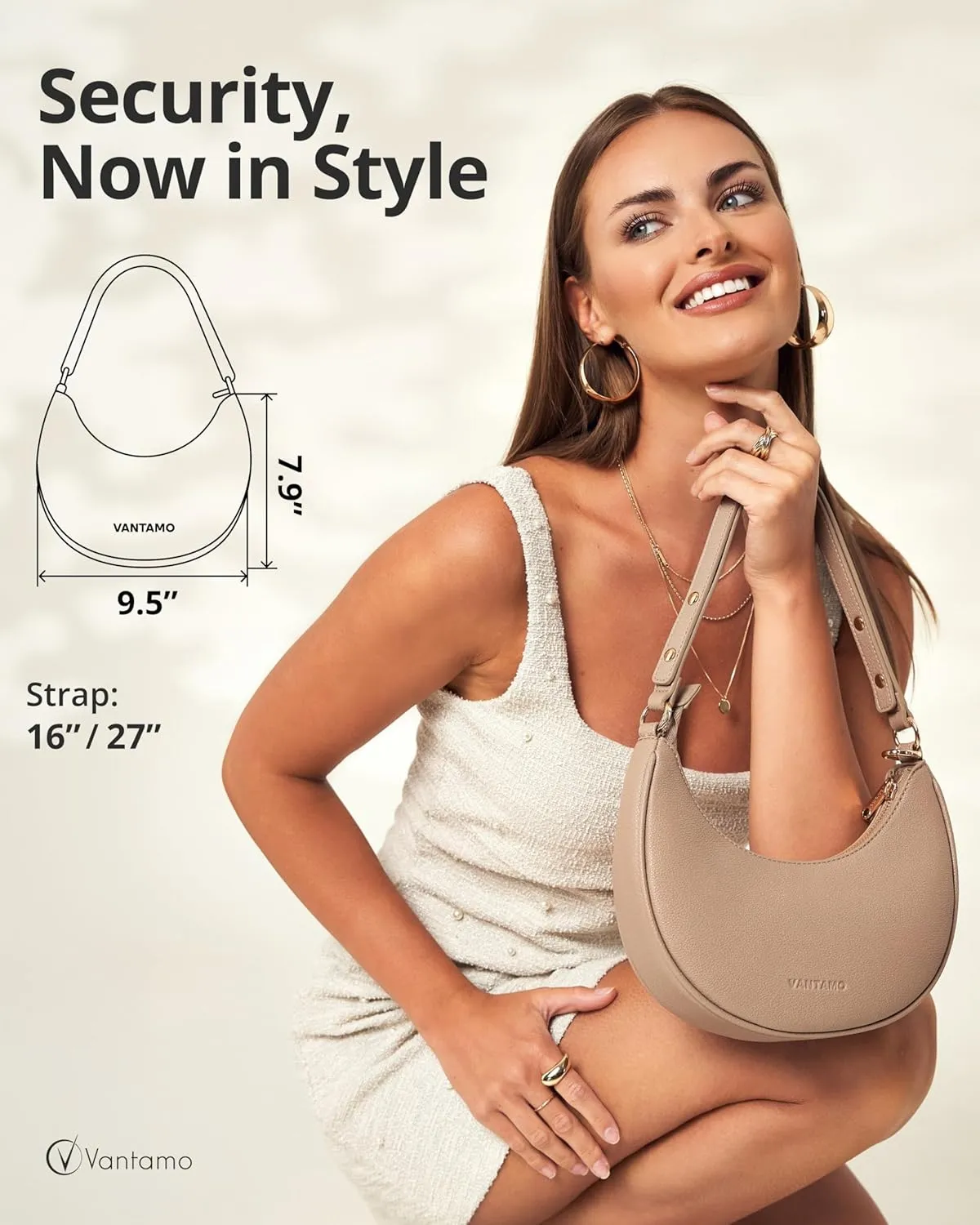 Vantamo Crescent Bags For Women with RFID Protection, Half Moon Clutch Purses for Women with Anti-Theft Clip for Extra Safety