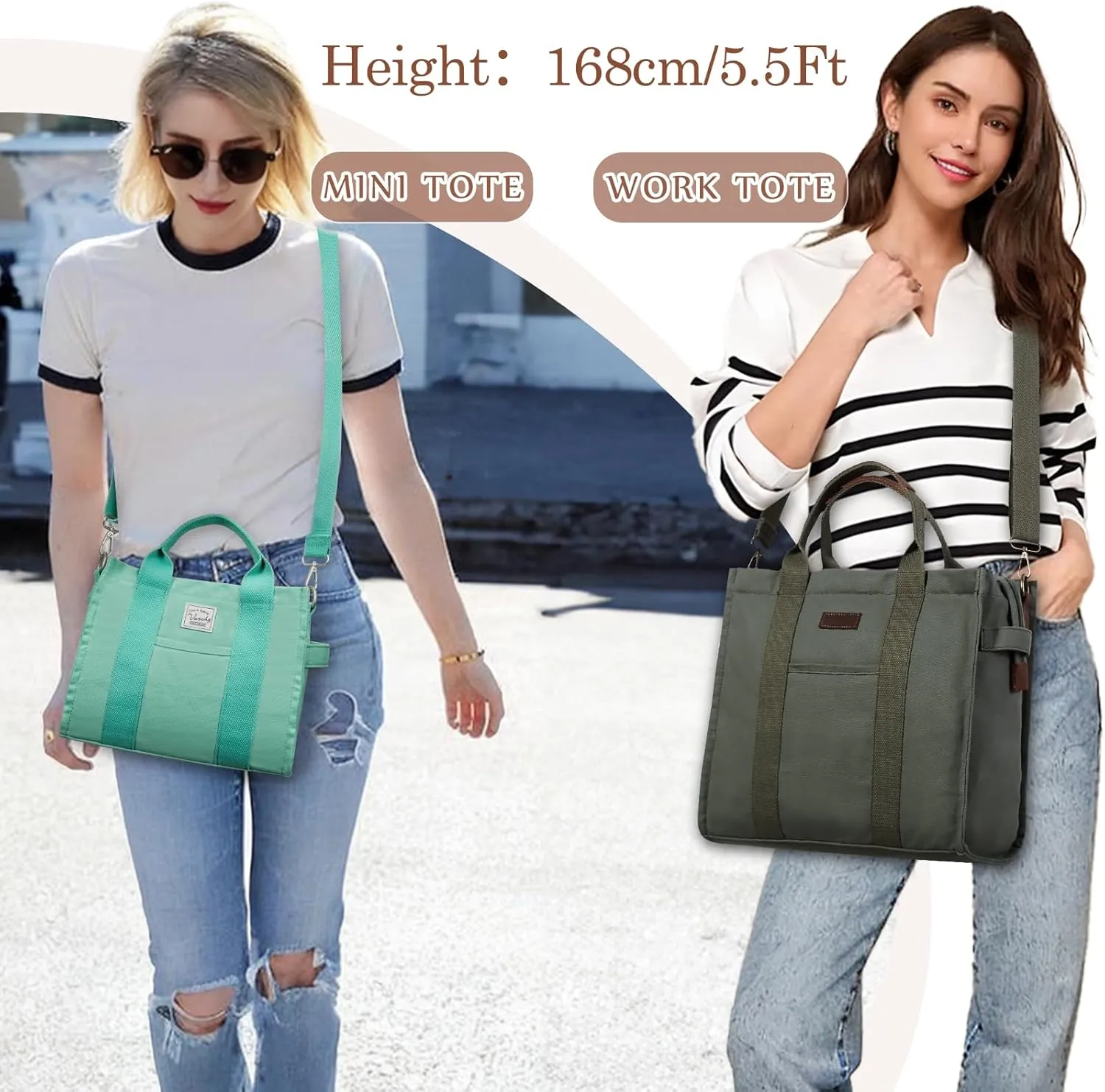VASCHY Canvas Tote bag, Casual Reusable Work Totes for Women Teachers with Zippers Pockets Crossbody Shoulder Bag Purse