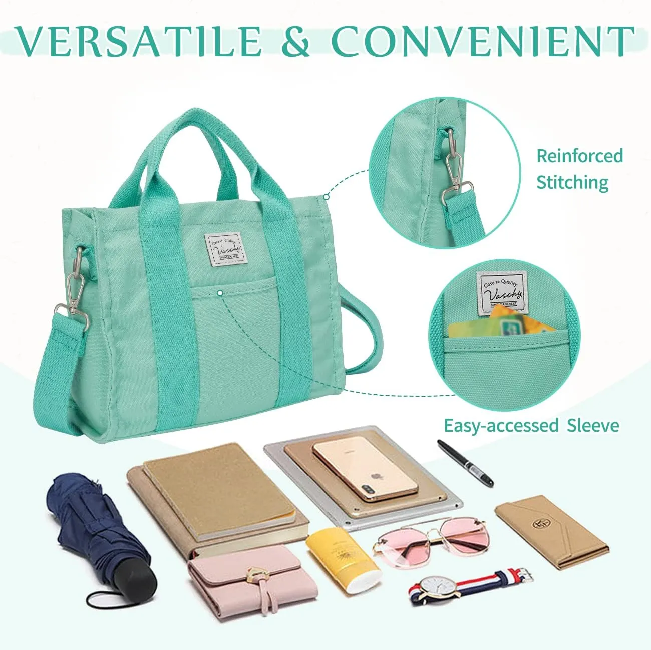 VASCHY Canvas Tote bag, Casual Reusable Work Totes for Women Teachers with Zippers Pockets Crossbody Shoulder Bag Purse