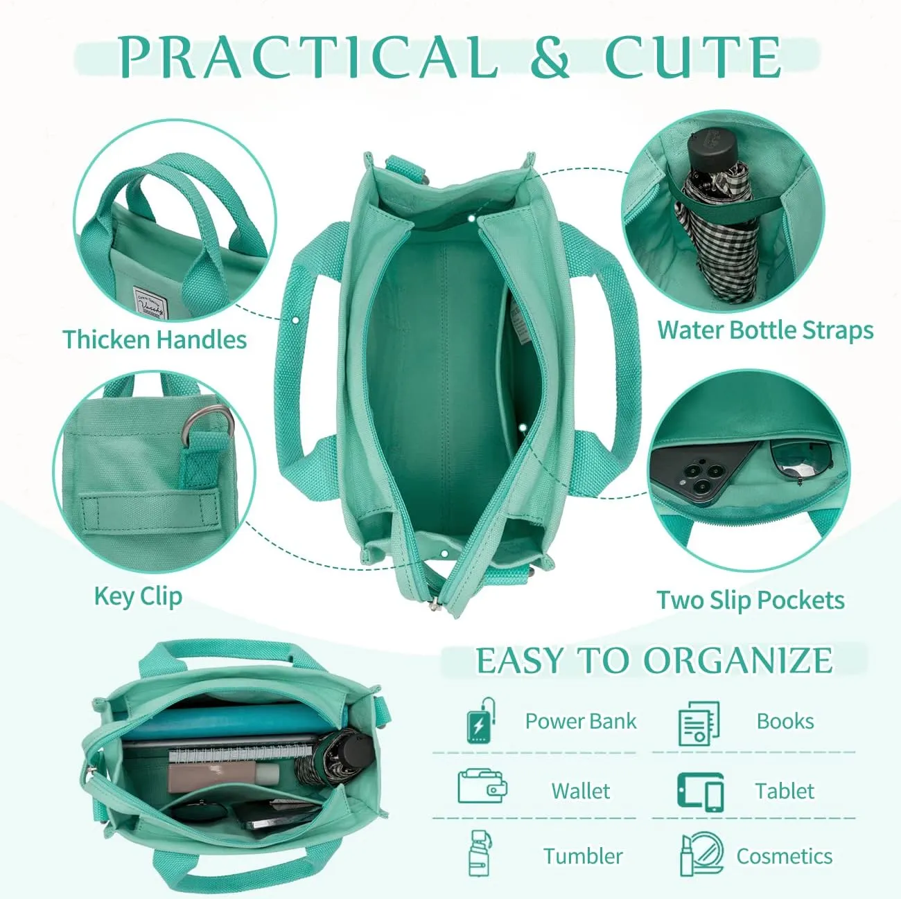 VASCHY Canvas Tote bag, Casual Reusable Work Totes for Women Teachers with Zippers Pockets Crossbody Shoulder Bag Purse