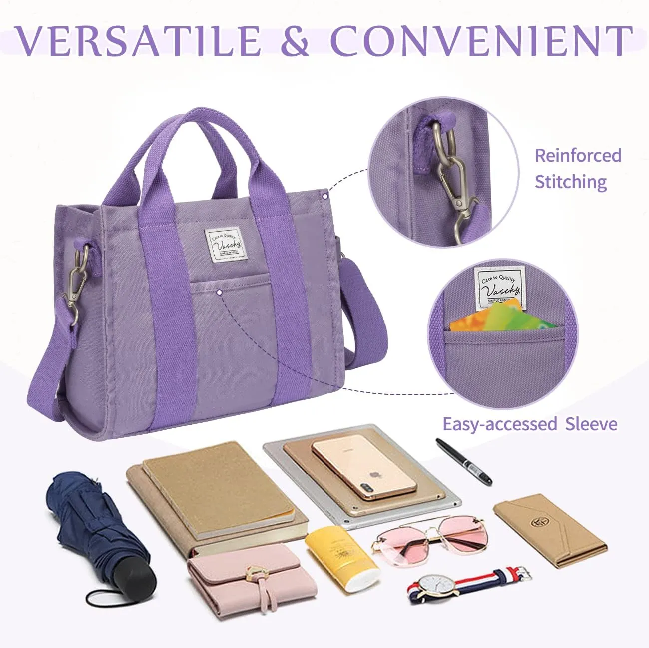 VASCHY Canvas Tote bag, Casual Reusable Work Totes for Women Teachers with Zippers Pockets Crossbody Shoulder Bag Purse