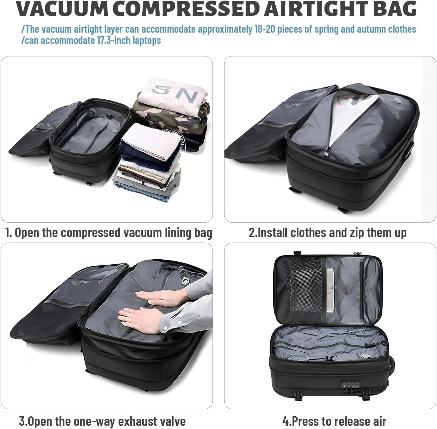 Venator Vacuum Travel Bag (60 L), Equipped with 1200 Mah Electric Air Pump, Large Capacity Travel Backpack, Anti-Theft (Green)