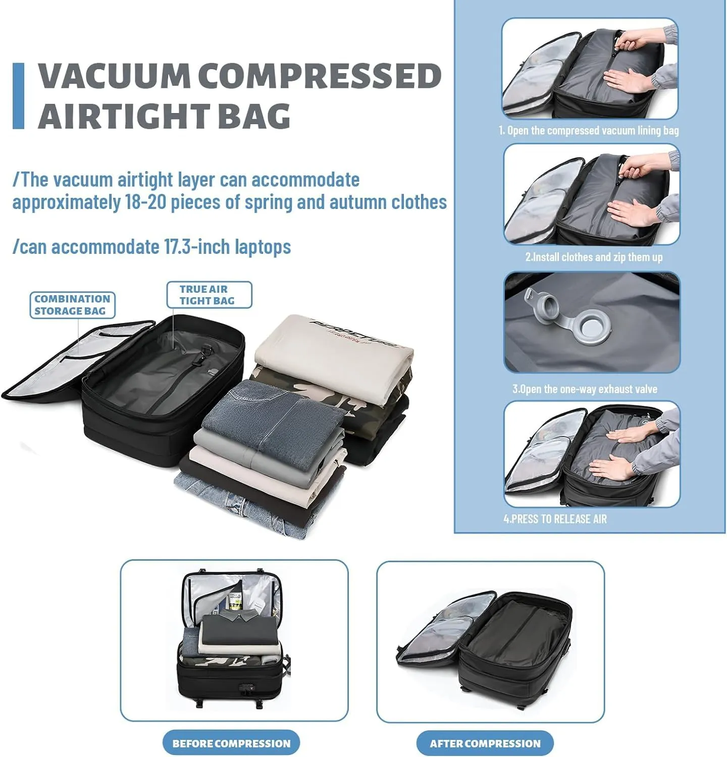 Venator Vacuum Travel Bag (60 L), Equipped with 1200 Mah Electric Air Pump, Large Capacity Travel Backpack, Anti-Theft (Green)