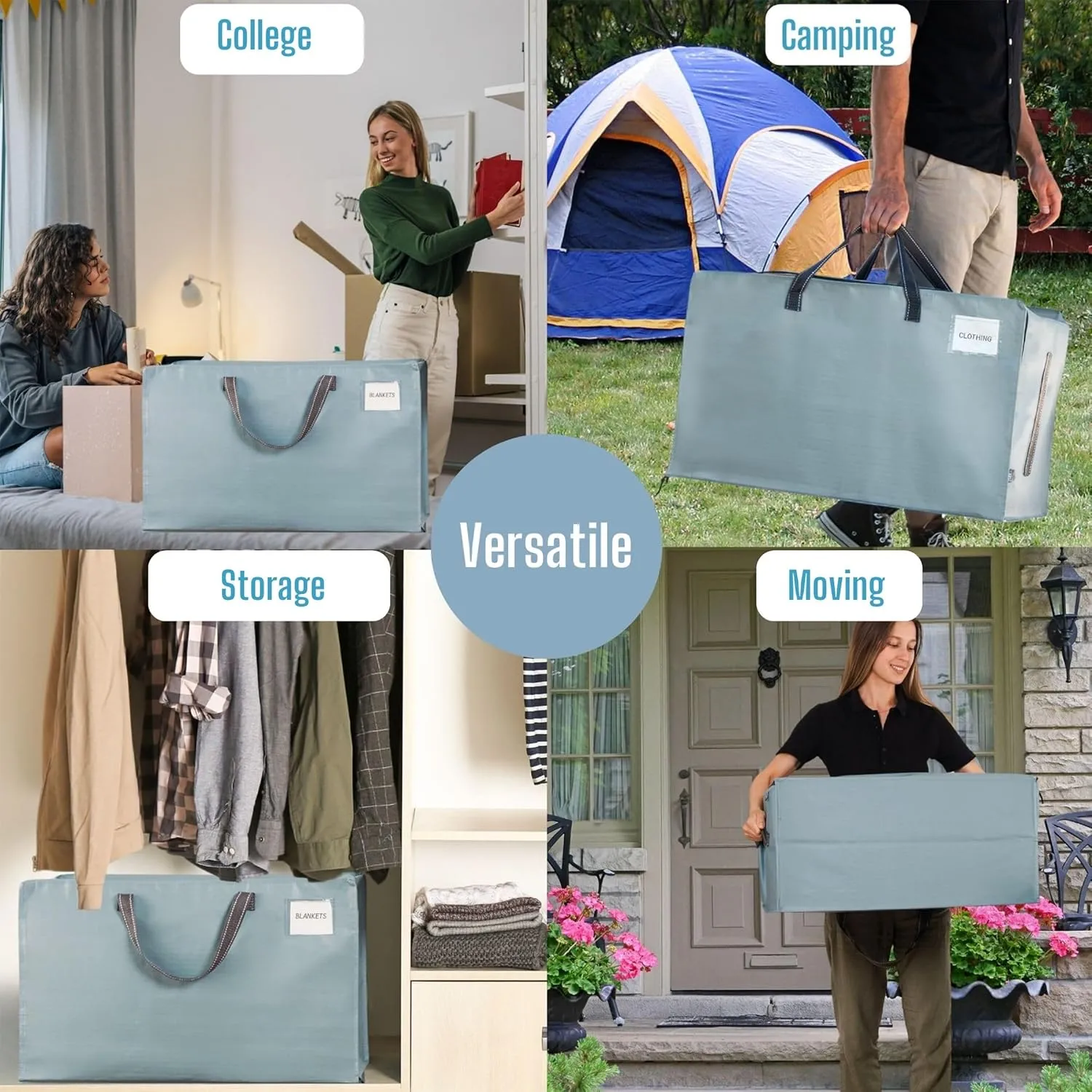 VENO 10 Pack Moving and Storage Bags, Heavy Duty, Alternative to Moving Boxes, Large Packing Totes Supplies for College Dorm Room with Zipper for Clothes, Wide Open Design (Light Blue Matte, 10 Pack)