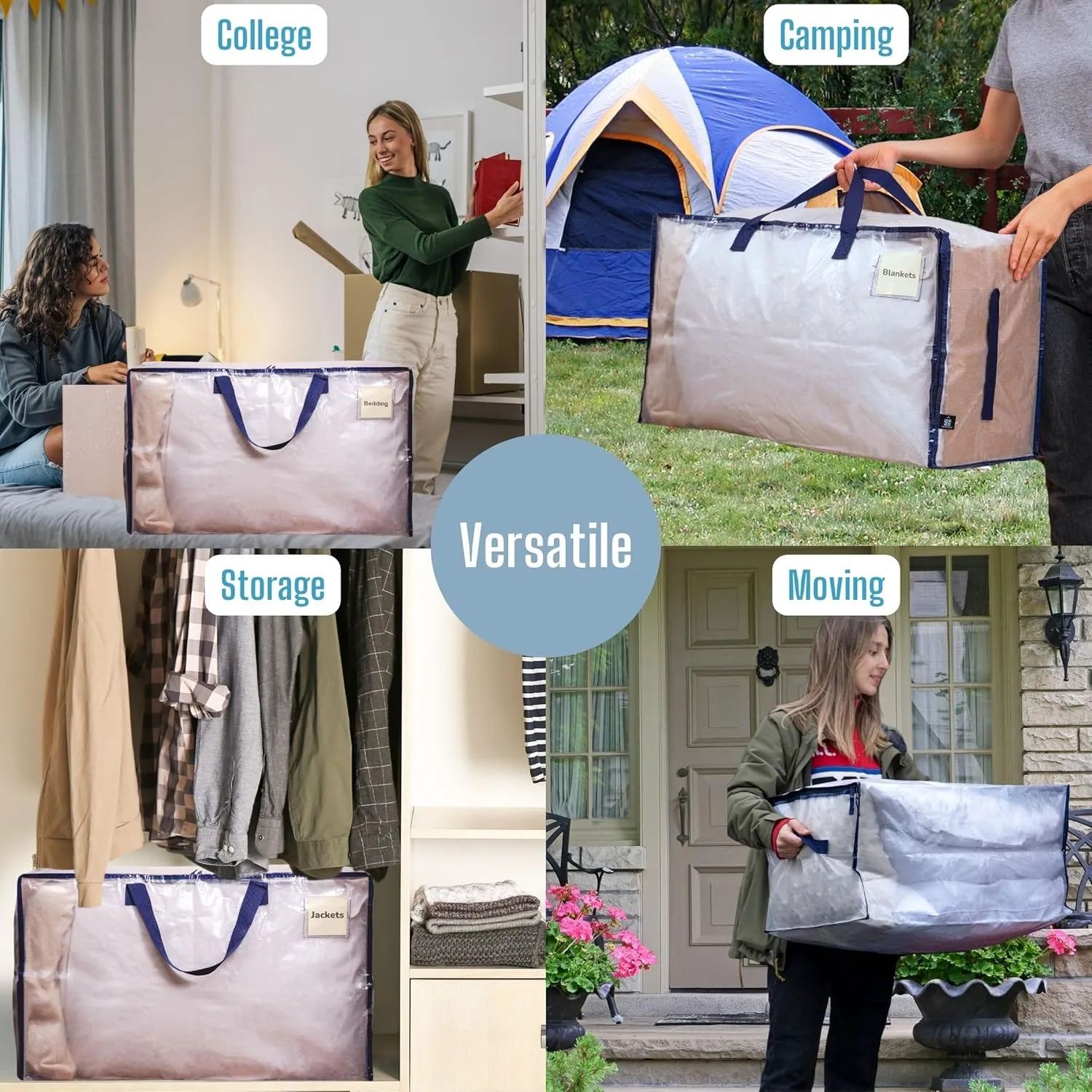 VENO 2 Pack Moving and Storage Bags, Heavy Duty, Alternative to Moving Boxes, Large Packing Totes Supplies for College Dorm Room with Zipper for Clothes, Wide Open Design (Clear, 2 Pack)