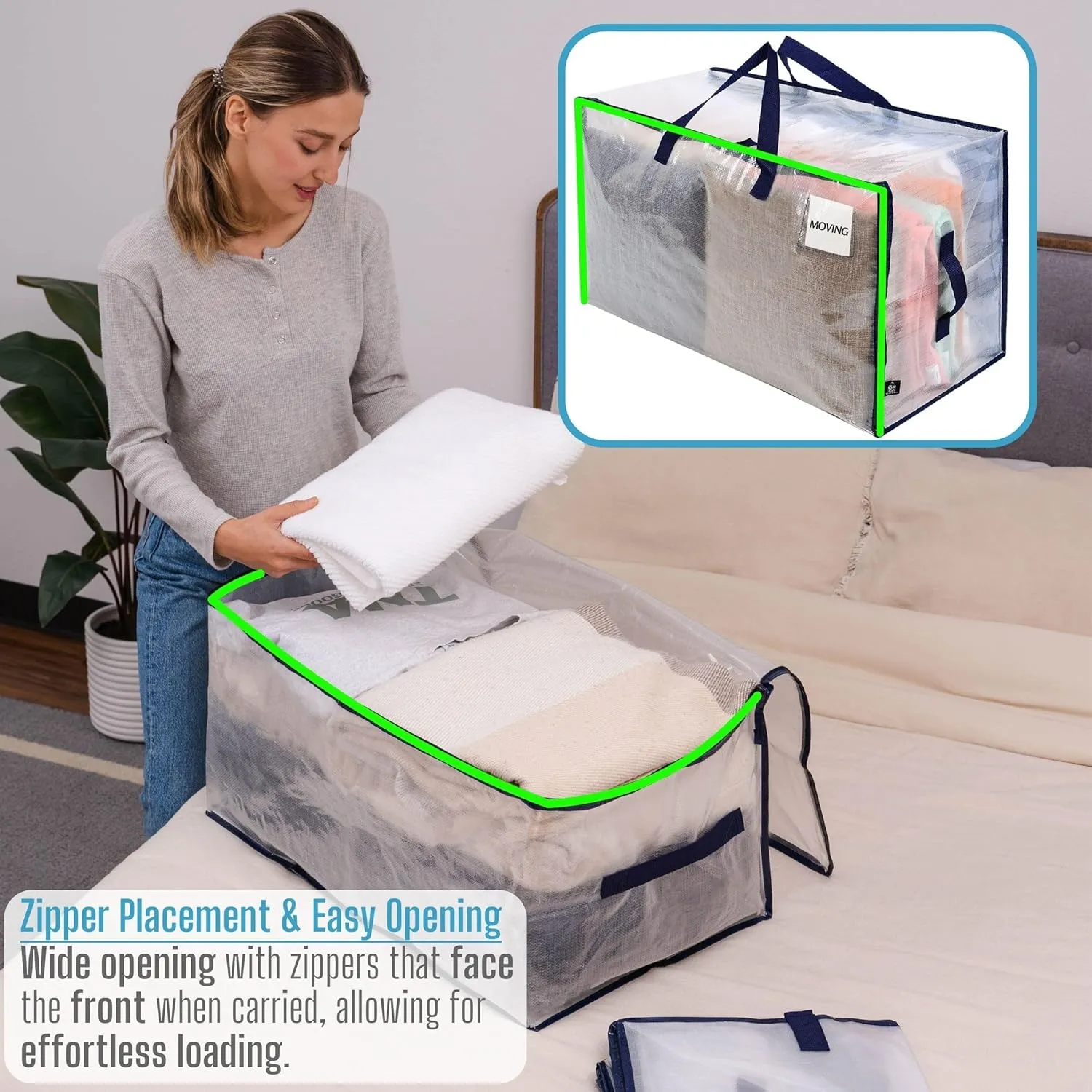 VENO 2 Pack Moving and Storage Bags, Heavy Duty, Alternative to Moving Boxes, Large Packing Totes Supplies for College Dorm Room with Zipper for Clothes, Wide Open Design (Clear, 2 Pack)