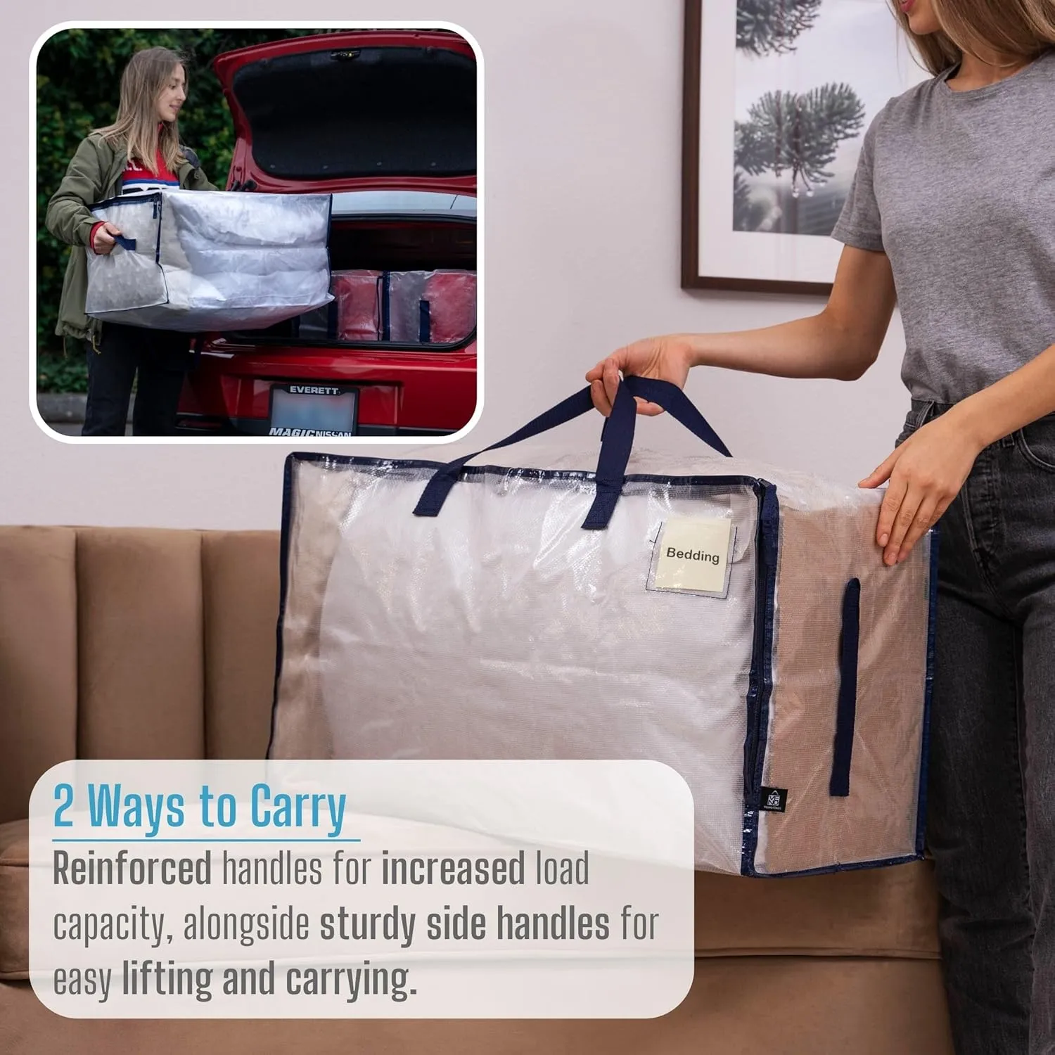 VENO 2 Pack Moving and Storage Bags, Heavy Duty, Alternative to Moving Boxes, Large Packing Totes Supplies for College Dorm Room with Zipper for Clothes, Wide Open Design (Clear, 2 Pack)