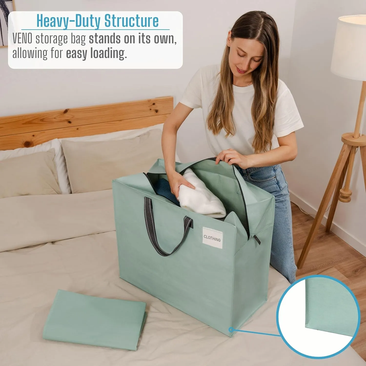VENO 4 Pack Heavy Duty Moving Bags, Storage Bags, Packing Supplies, Top Zipper, Storage Totes for Camping, Clothes, Bedding, Comforters, Pillows (22 Gallon Light Green, 4 Pack)