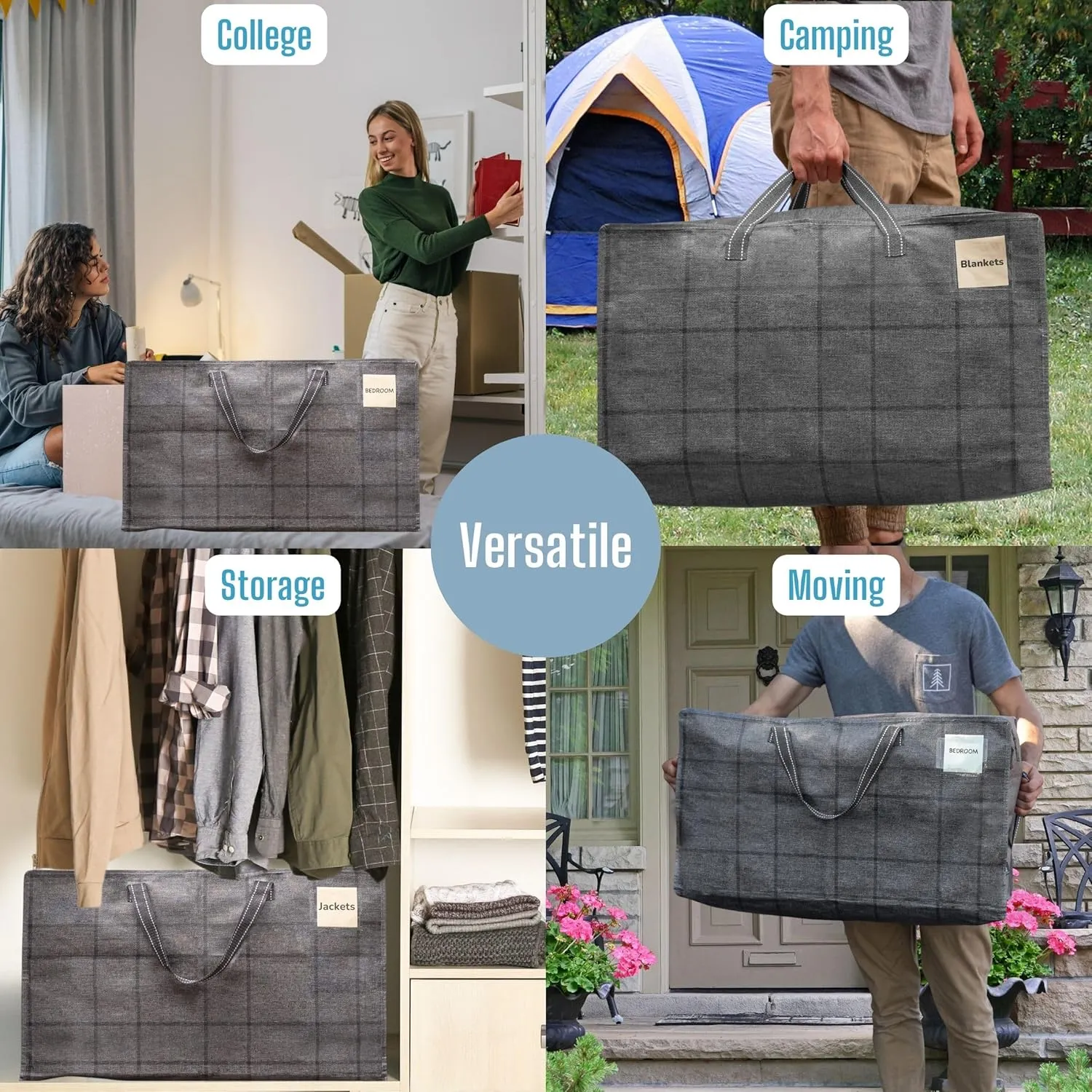 VENO 4 Pack Moving and Storage Bags, Heavy Duty, Alternative to Moving Boxes, Large Packing Totes Supplies for College Dorm Room with Zipper for Clothes, Wide Open Design (Windowpane, 4 Pack)
