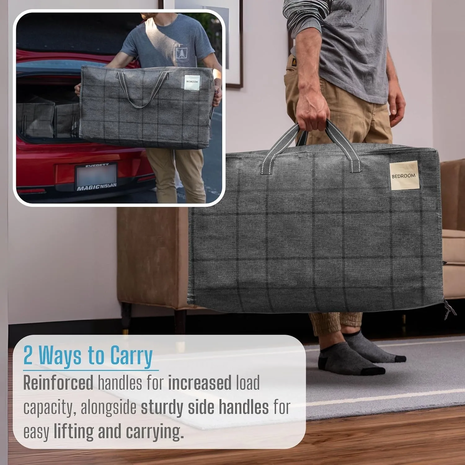 VENO 4 Pack Moving and Storage Bags, Heavy Duty, Alternative to Moving Boxes, Large Packing Totes Supplies for College Dorm Room with Zipper for Clothes, Wide Open Design (Windowpane, 4 Pack)