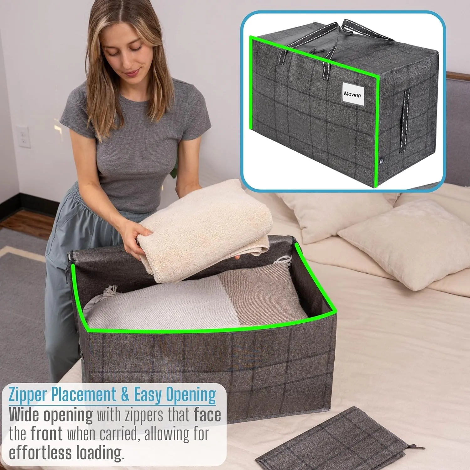 VENO 4 Pack Moving and Storage Bags, Heavy Duty, Alternative to Moving Boxes, Large Packing Totes Supplies for College Dorm Room with Zipper for Clothes, Wide Open Design (Windowpane, 4 Pack)